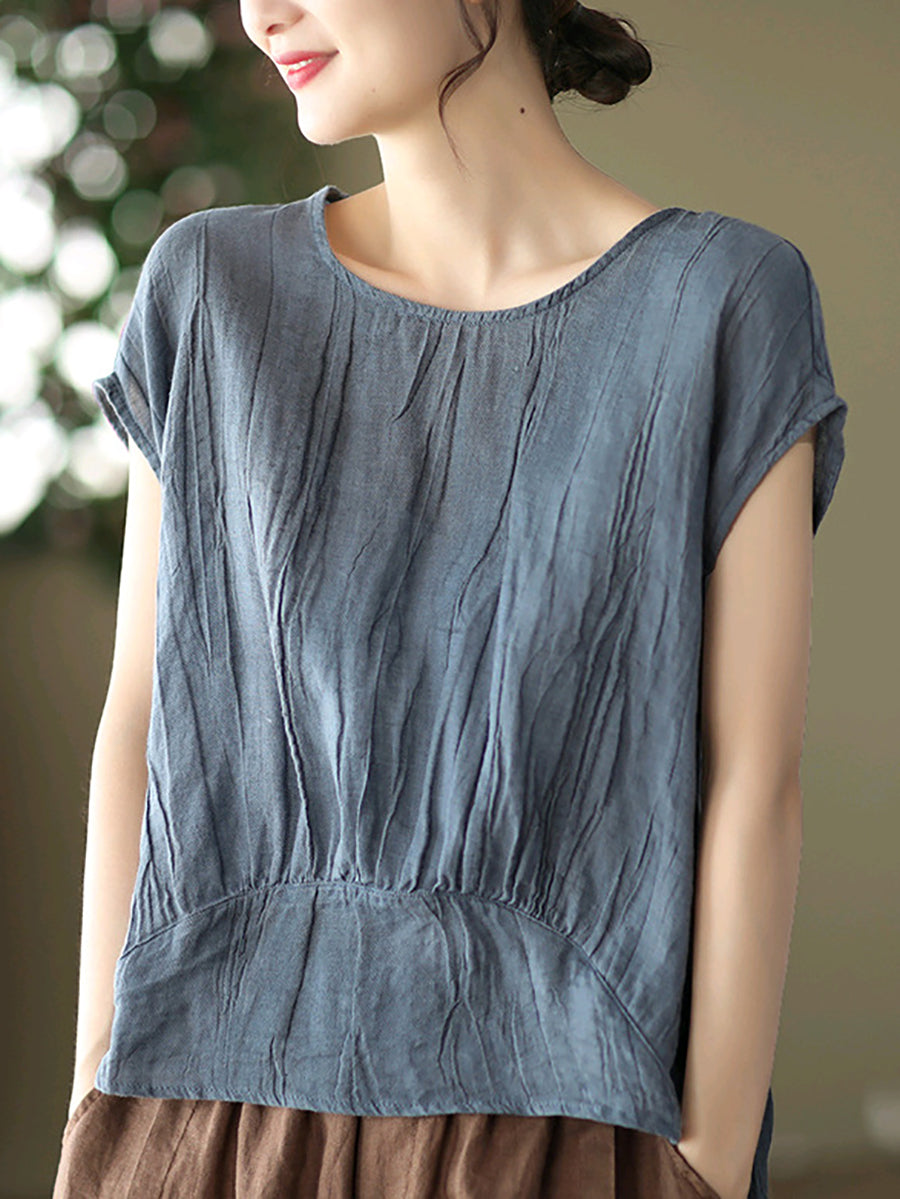 Women Casual Summer Stitching Crease Ramie Shirt