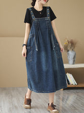 Load image into Gallery viewer, Women Summer Retro Pleat Drawstring Pocket Denim Dress