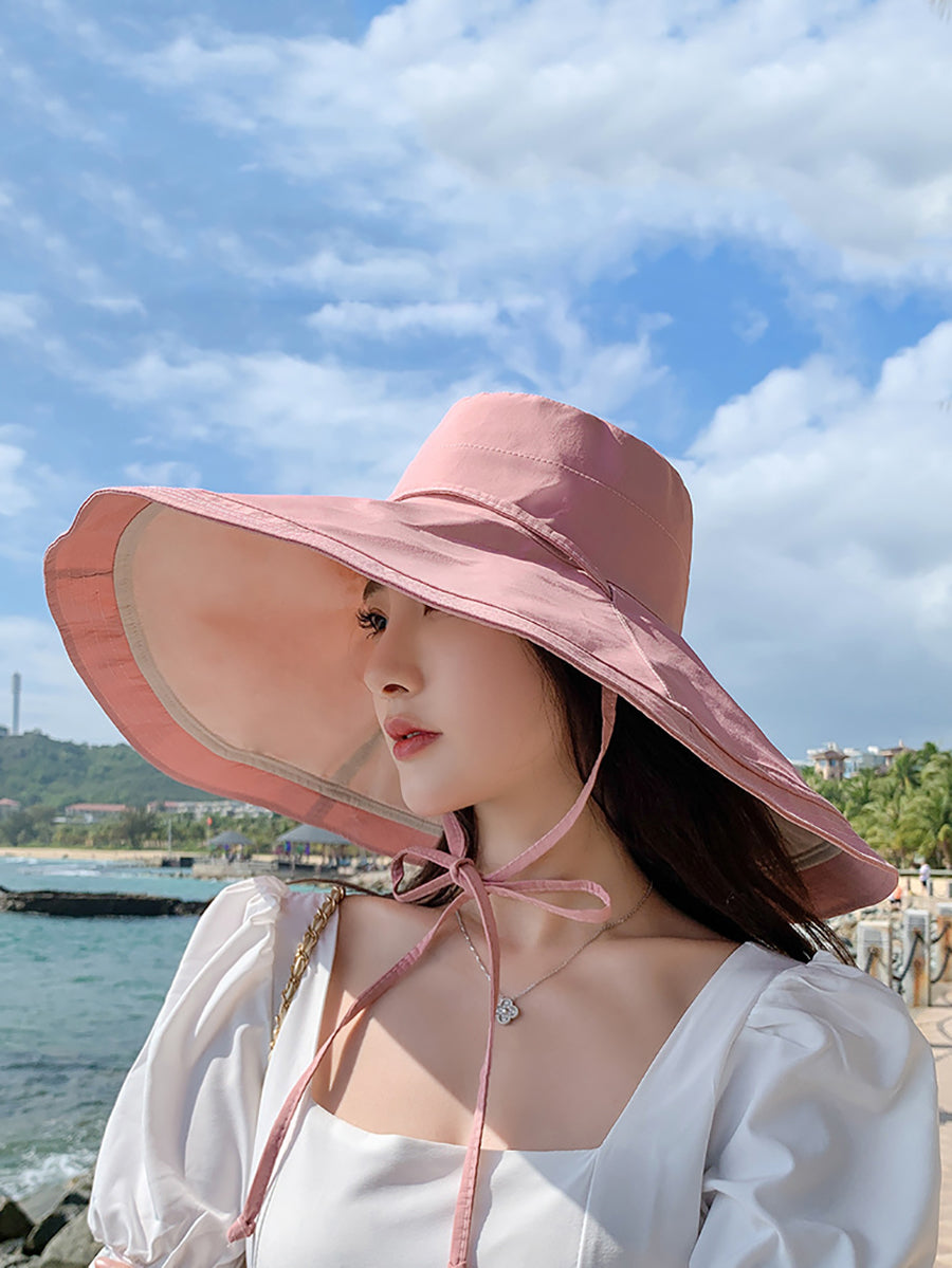 Women Casual Colorblock Drawstring Travel Sunproof Hat