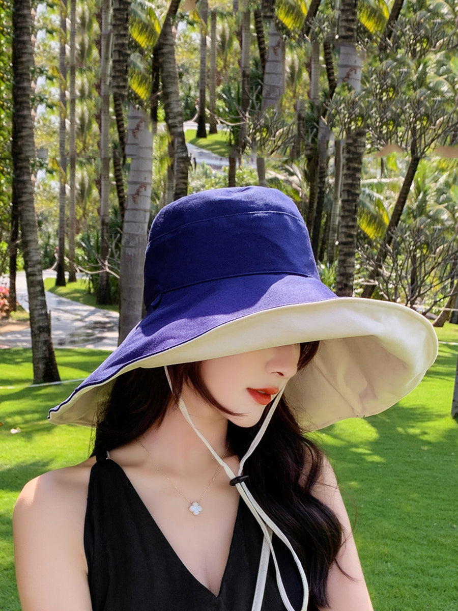 Women Fashion Solid Large-brim Drawstring Sunproof Hat