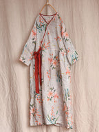 Women Vintage Flower Drwastring V-Neck Loose Ramie Dress