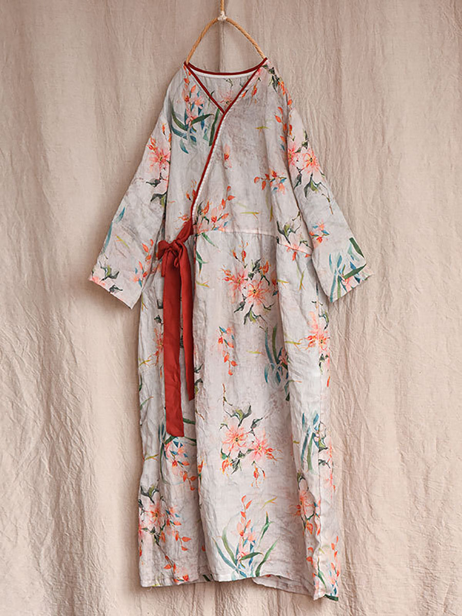 Women Vintage Flower Drwastring V-Neck Loose Ramie Dress