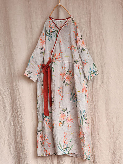 Women Vintage Flower Drwastring V-Neck Loose Ramie Dress