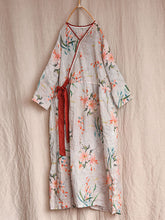Load image into Gallery viewer, Women Vintage Flower Drwastring V-Neck Loose Ramie Dress