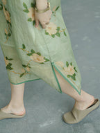 Women Vintage Artsy Flower Print Button Linen Robe Dress