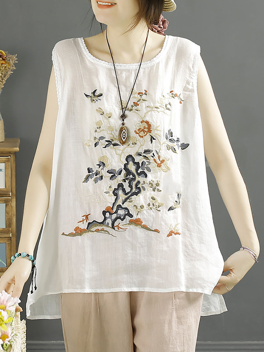 Women Summer Vintage Flower Embroidery Loose Ramie Vest