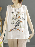 Women Summer Vintage Flower Embroidery Loose Ramie Vest