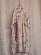 Women Vintage Flower Drwastring V-Neck Loose Ramie Dress