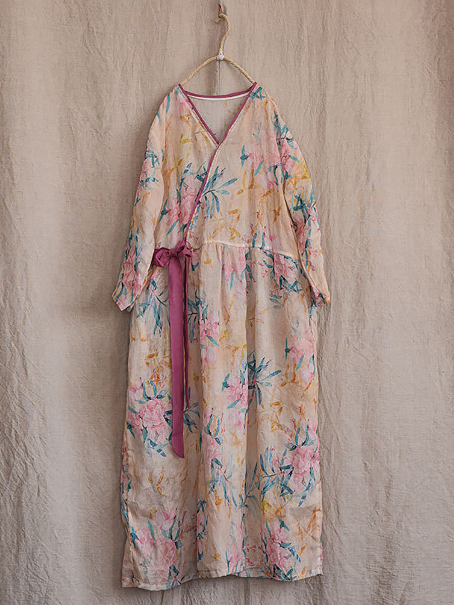 Women Vintage Flower Drwastring V-Neck Loose Ramie Dress