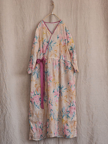 Women Vintage Flower Drwastring V-Neck Loose Ramie Dress