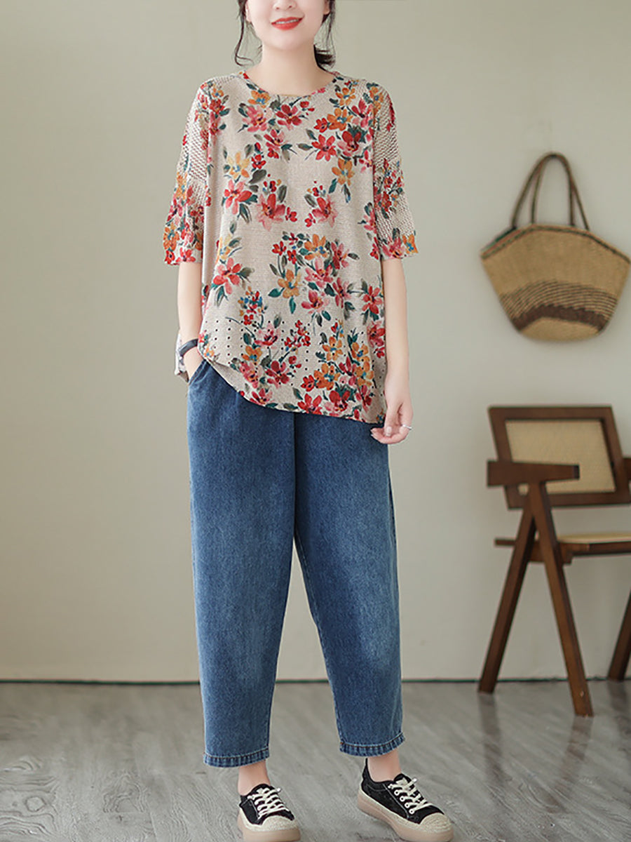 Women Summer Vintage Floral Loose Knitted Shirt