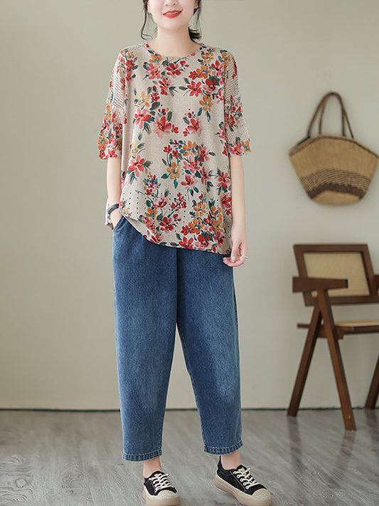 Women Summer Vintage Floral Loose Knitted Shirt