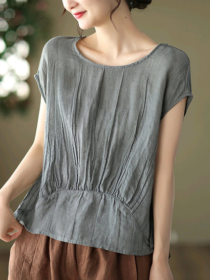 Women Casual Summer Stitching Crease Ramie Shirt