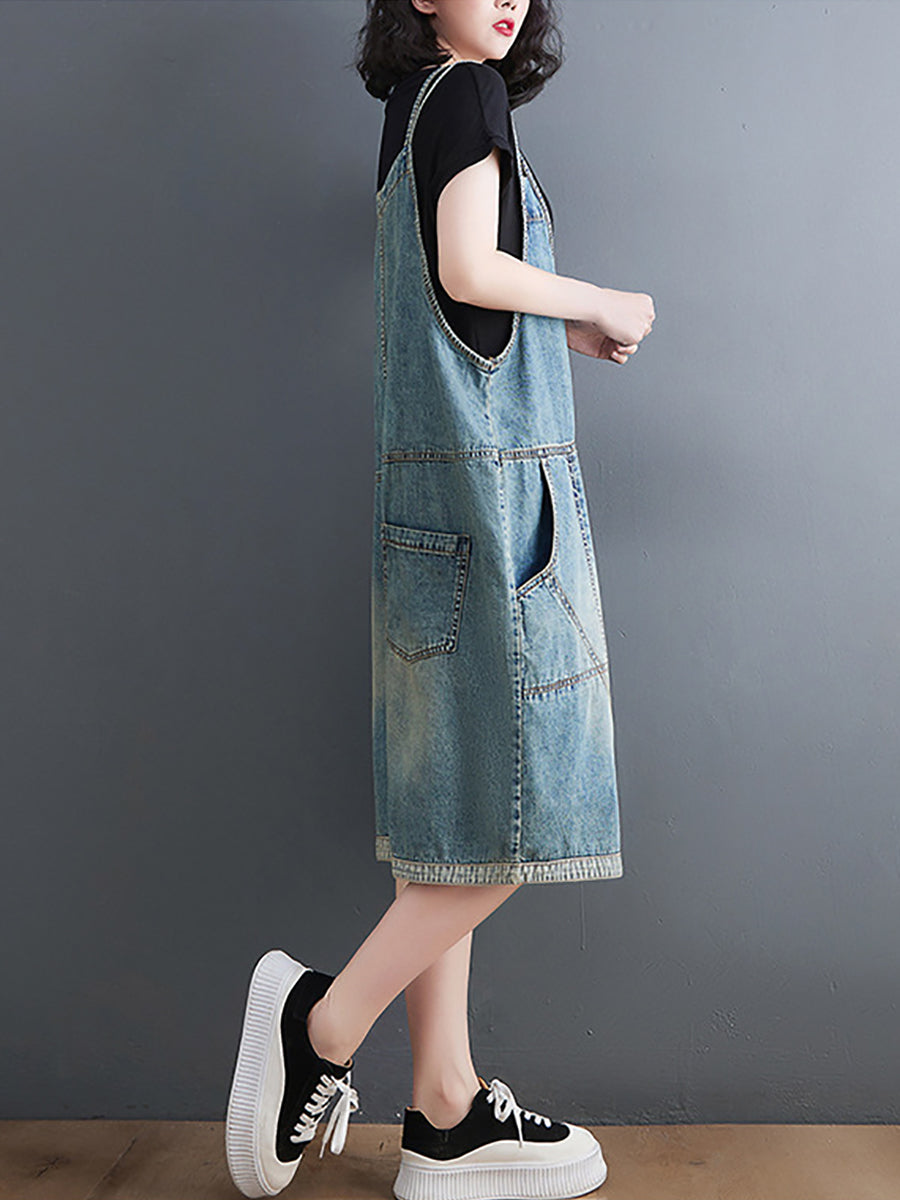 Women Casual Solid Washed Pocket V-Neck Denim Jumpsuits