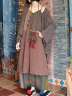 Women Retro Ethnic Spliced Frog V-Neck Slip Dress