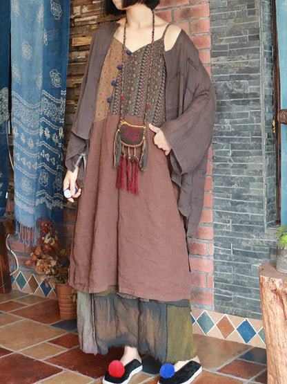 Women Retro Ethnic Spliced Frog V-Neck Slip Dress