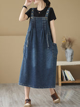 Load image into Gallery viewer, Women Summer Retro Pleat Drawstring Pocket Denim Dress