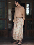 Women Summer Artsy Floral Lacework Drawstring Linen Bloomers