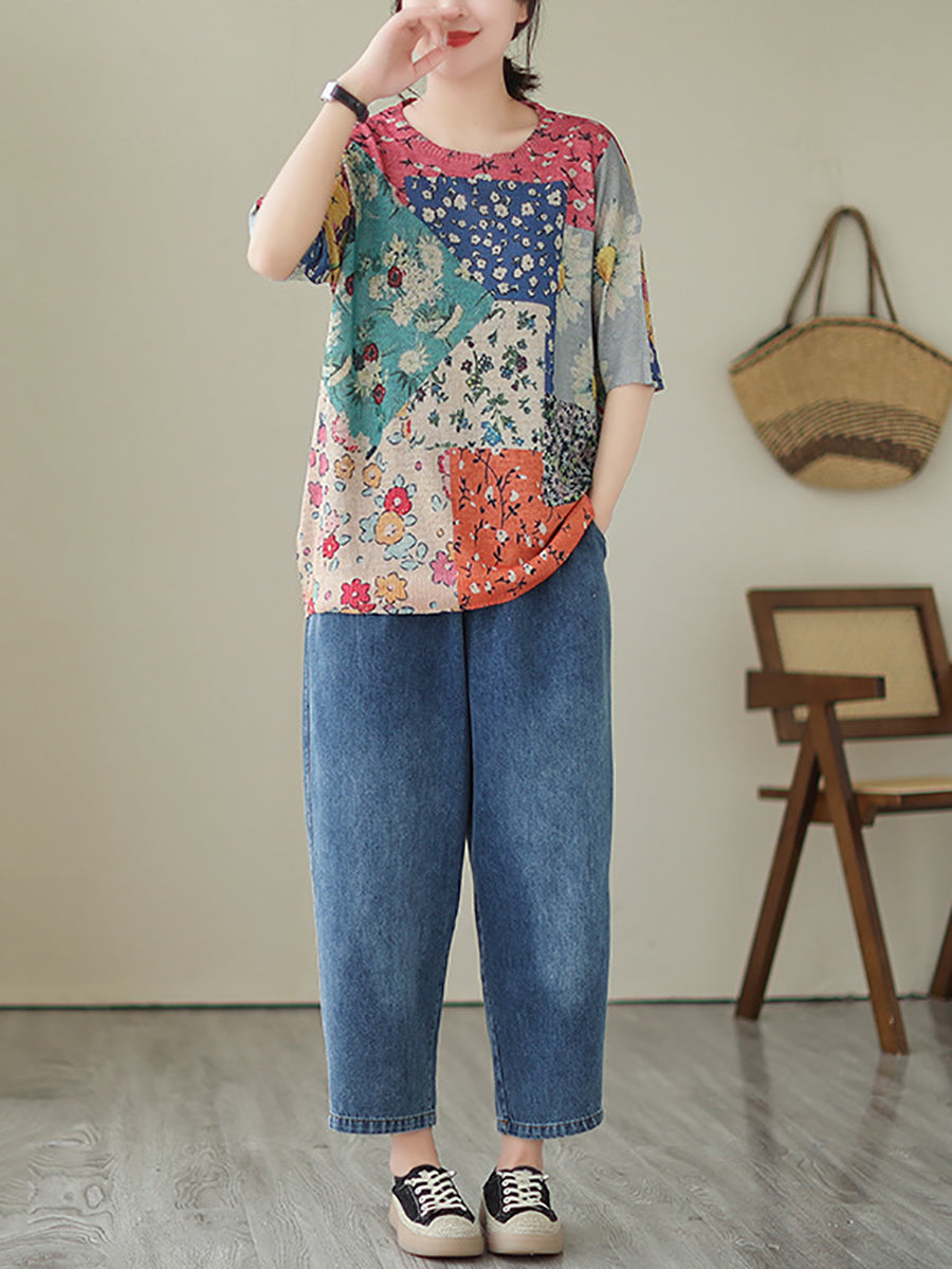 Women Summer Vintage Floral Patch Spliced Pullover Shirt