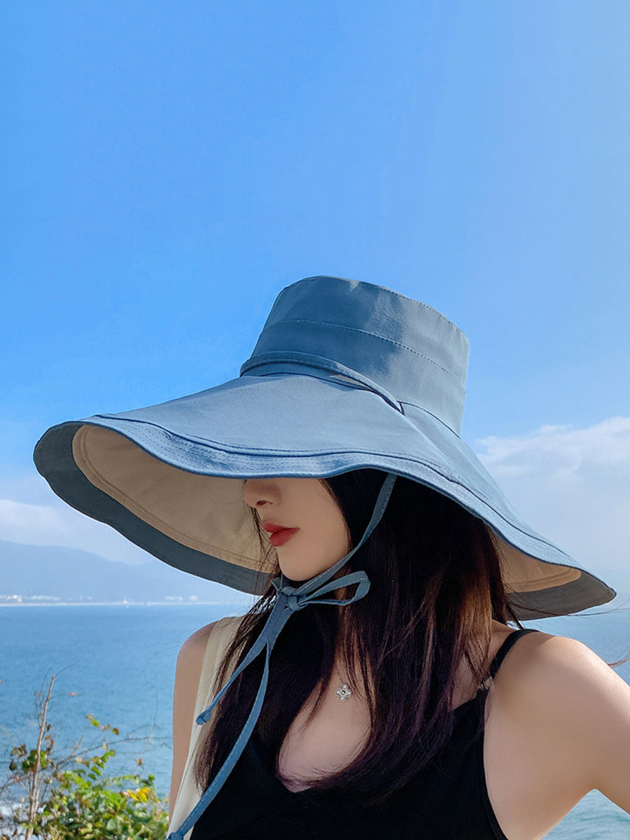 Women Casual Colorblock Drawstring Travel Sunproof Hat