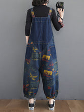Load image into Gallery viewer, Women Casual Retro Print Pocket Loose Spliced Denim Jumpsuits