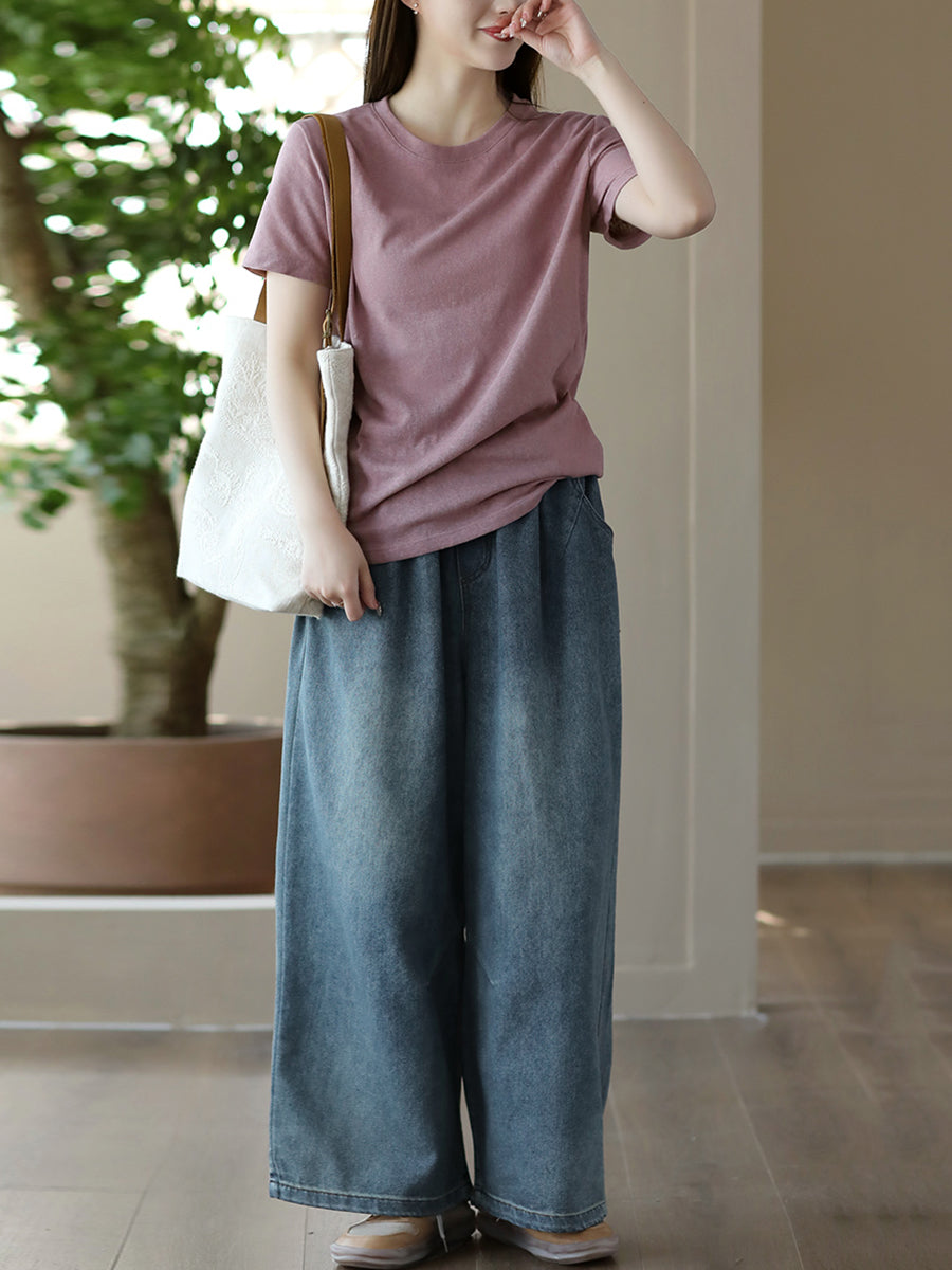 Women Casual Soft Solid Pocket Denim Straight-leg Pants