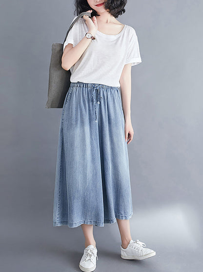 Women Casual Solid Washed Drawstring Wide-leg Denim Pants