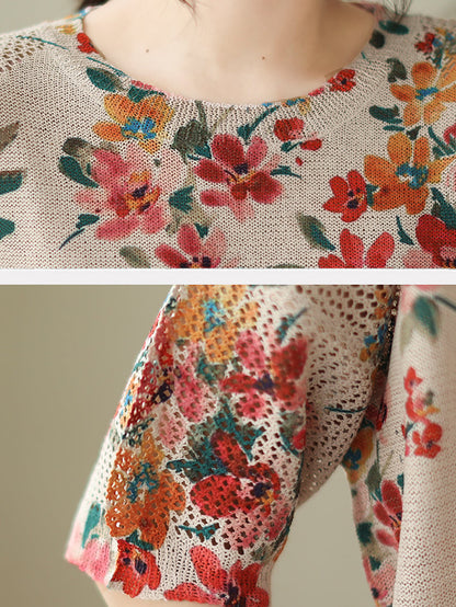 Women Summer Vintage Floral Loose Knitted Shirt