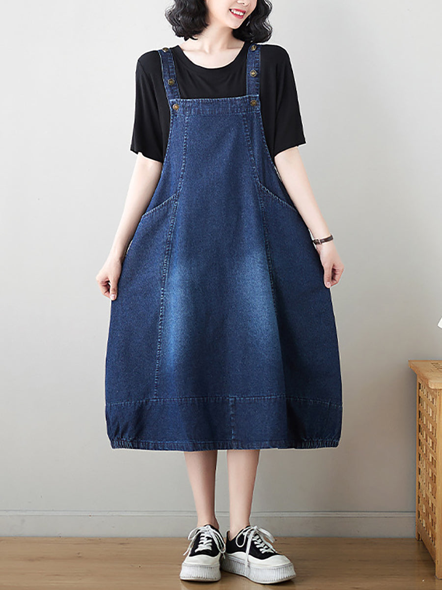 Women Summer Solid Worn Demin Suspender Dress