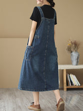 Load image into Gallery viewer, Women Summer Retro Pleat Drawstring Pocket Denim Dress