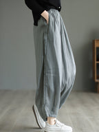 Women Vintage Solid Button Pleat Summer Ramie Pants