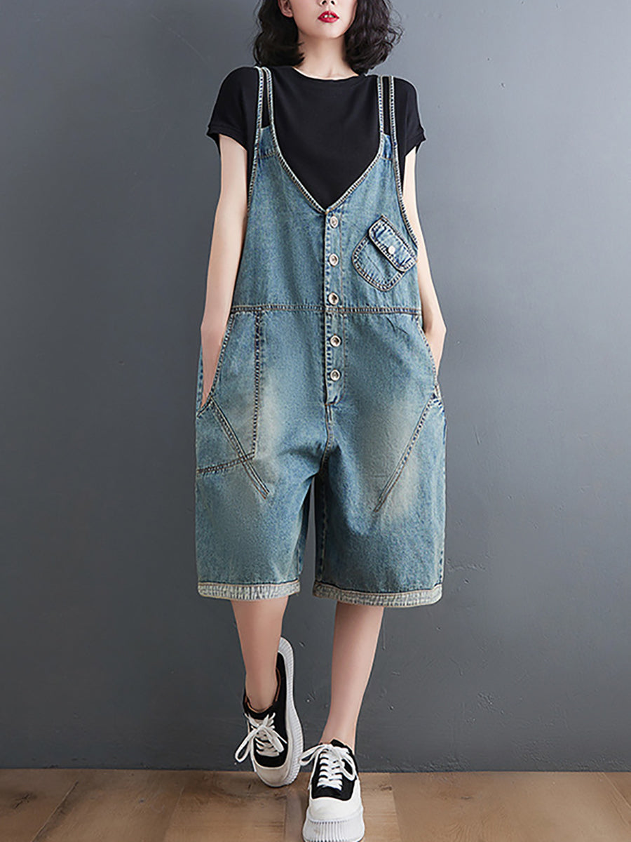 Women Casual Solid Washed Pocket V-Neck Denim Jumpsuits