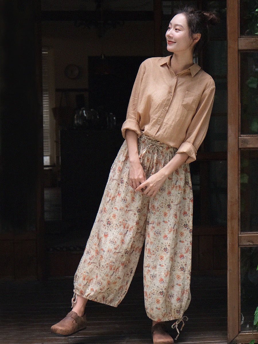 Women Summer Artsy Floral Lacework Drawstring Linen Bloomers