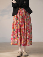 Plus Size Women Summer Artsy Flower Drwastring Ramie Skirt