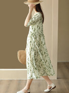 Women Summer Floral Drawstring Pleat Loose Cardigan Dress