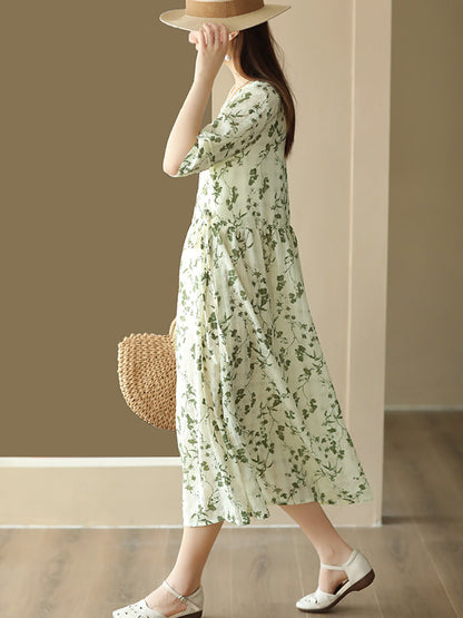 Women Summer Floral Drawstring Pleat Loose Cardigan Dress