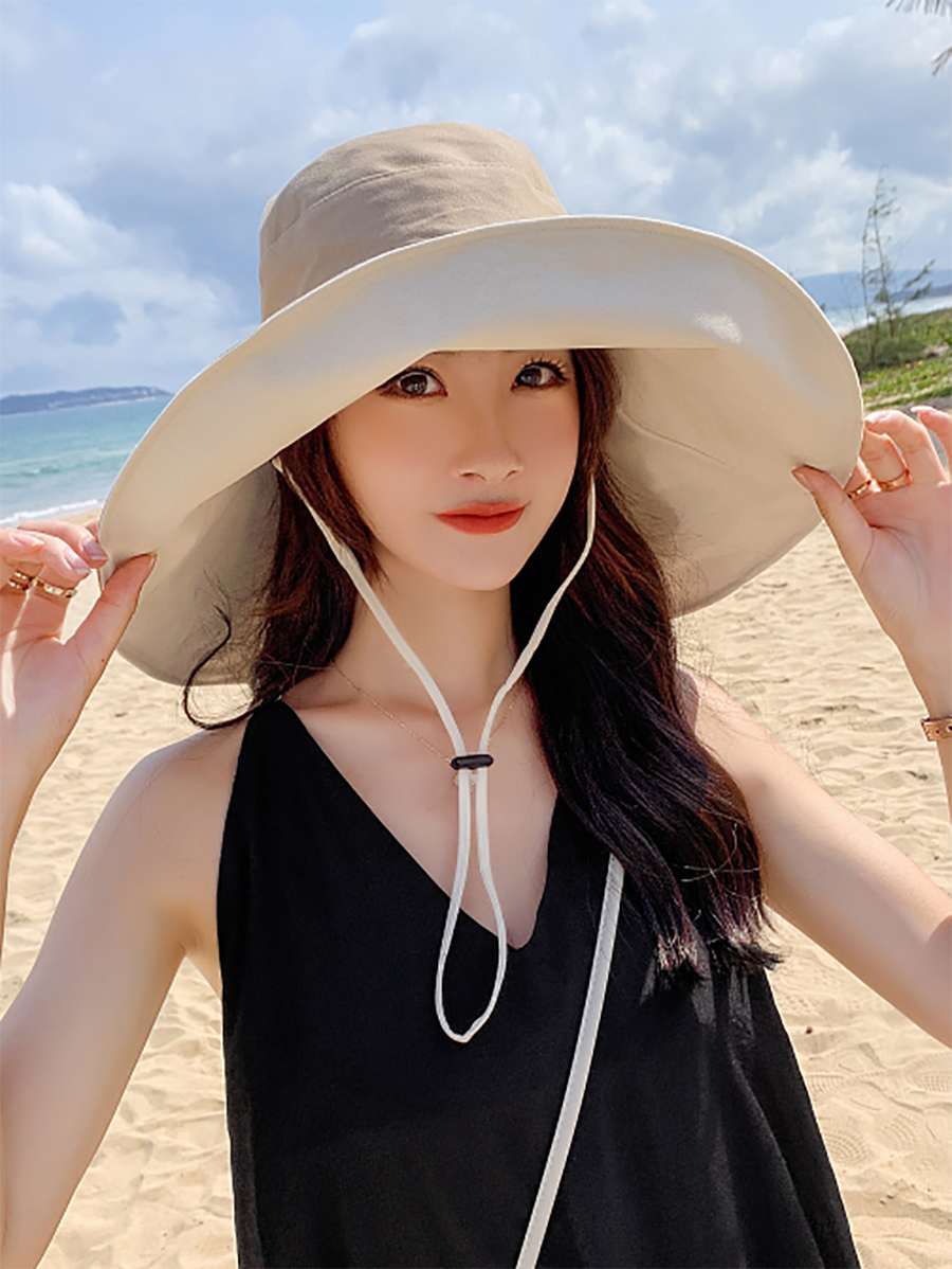 Women Fashion Solid Large-brim Drawstring Sunproof Hat