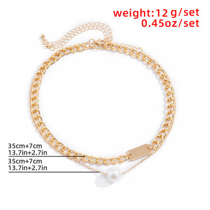 Simple double-layer geometric square pearl necklace temperament and generous metal chain neck necklace