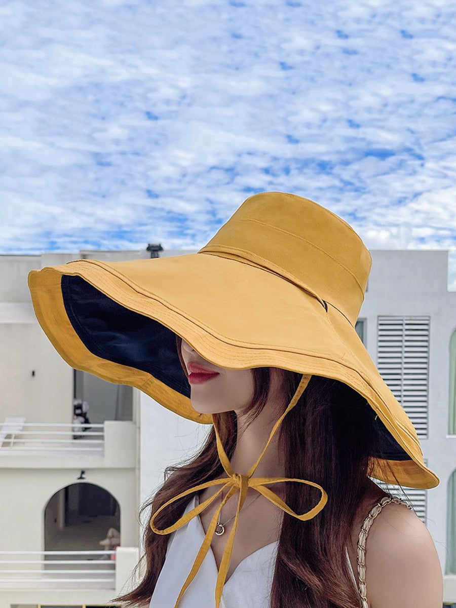Women Casual Colorblock Drawstring Travel Sunproof Hat