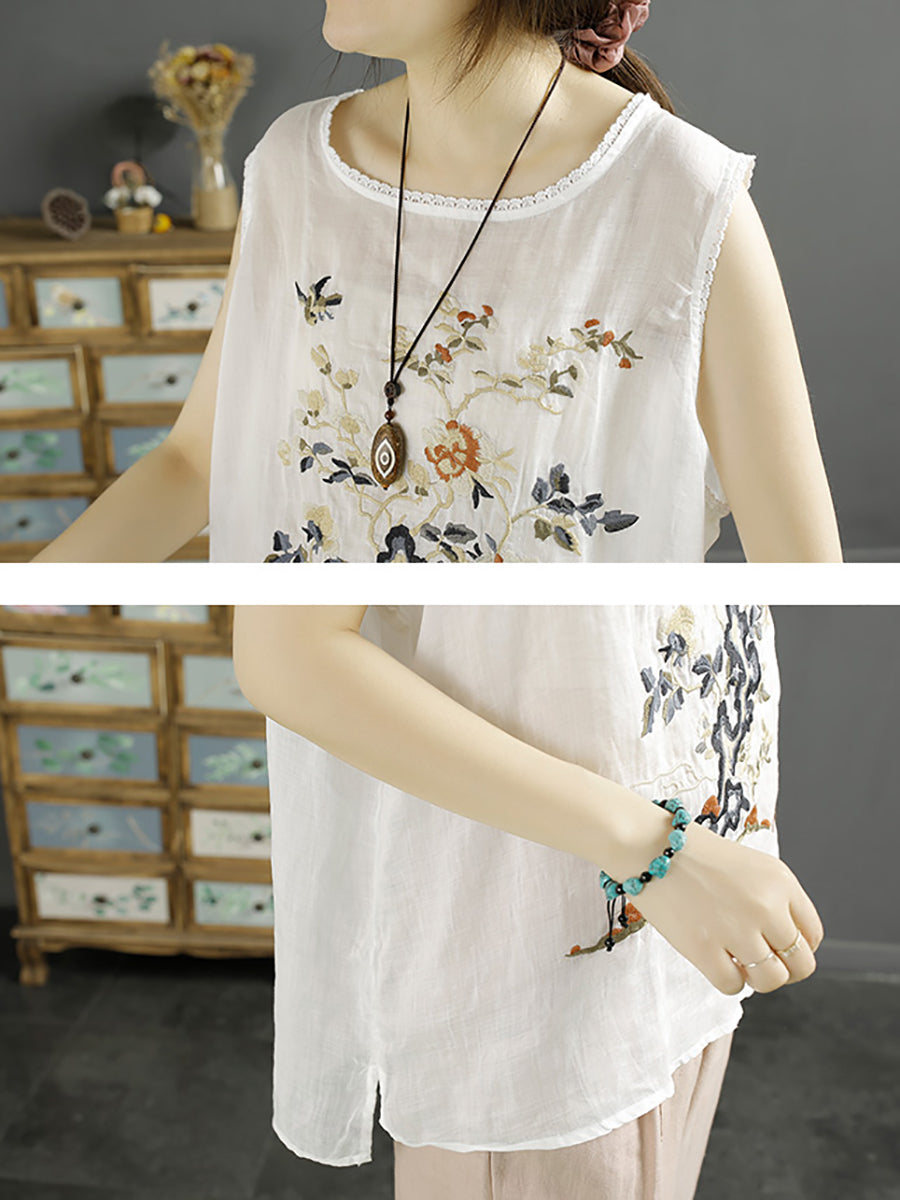 Women Summer Vintage Flower Embroidery Loose Ramie Vest