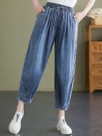 Women Summer Worn Solid Pleat Loose Pocket Denim Pants