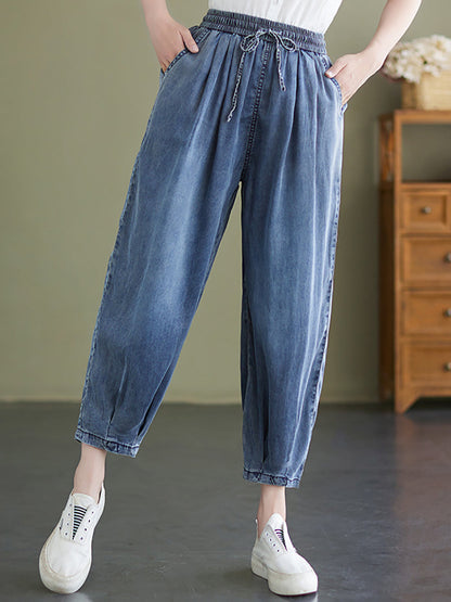 Women Summer Worn Solid Pleat Loose Pocket Denim Pants