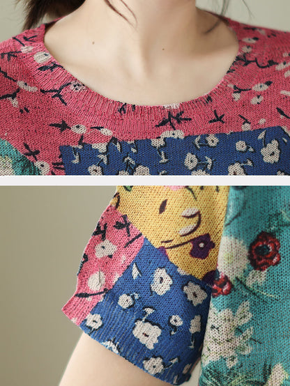 Women Summer Vintage Floral Patch Spliced Pullover Shirt