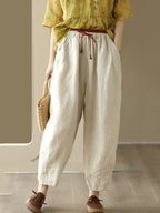 Women Casual Solid Drawstring Colorblock Waist Linen Pants