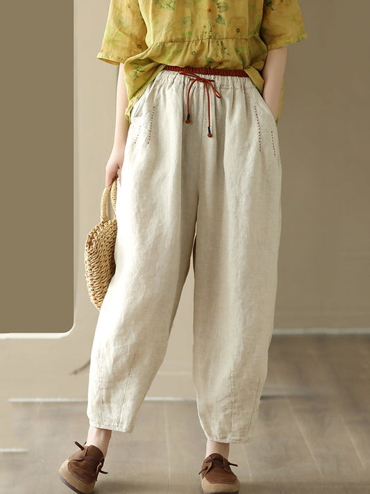 Women Casual Solid Drawstring Colorblock Waist Linen Pants
