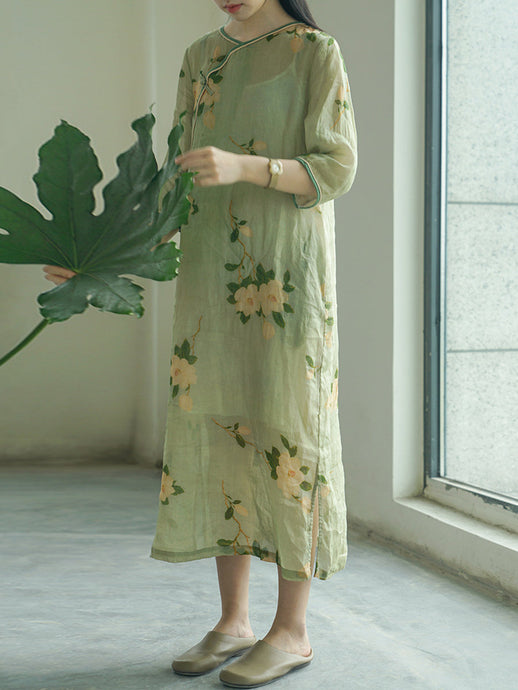 Women Vintage Artsy Flower Print Button Linen Robe Dress