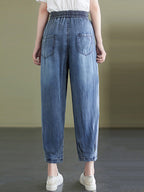 Women Summer Worn Solid Pleat Loose Pocket Denim Pants