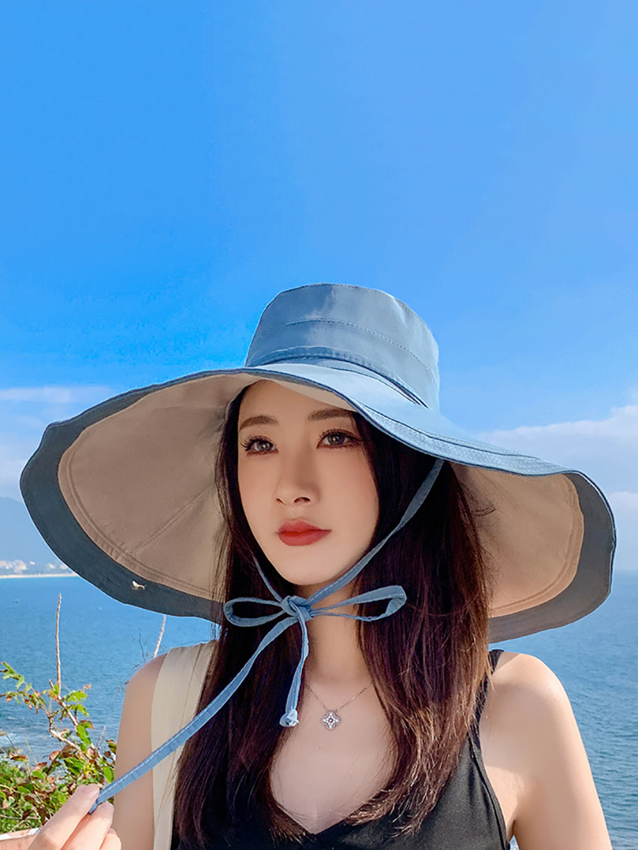 Women Casual Colorblock Drawstring Travel Sunproof Hat