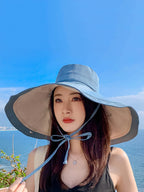 Women Casual Colorblock Drawstring Travel Sunproof Hat