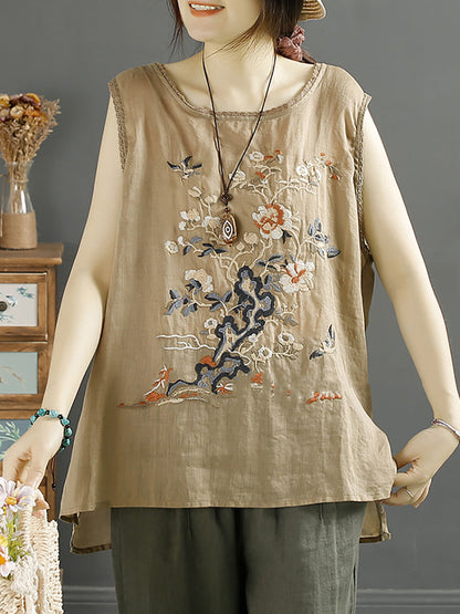 Women Summer Vintage Flower Embroidery Loose Ramie Vest